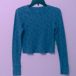 Blue Floral Long Sleeve Crop Top